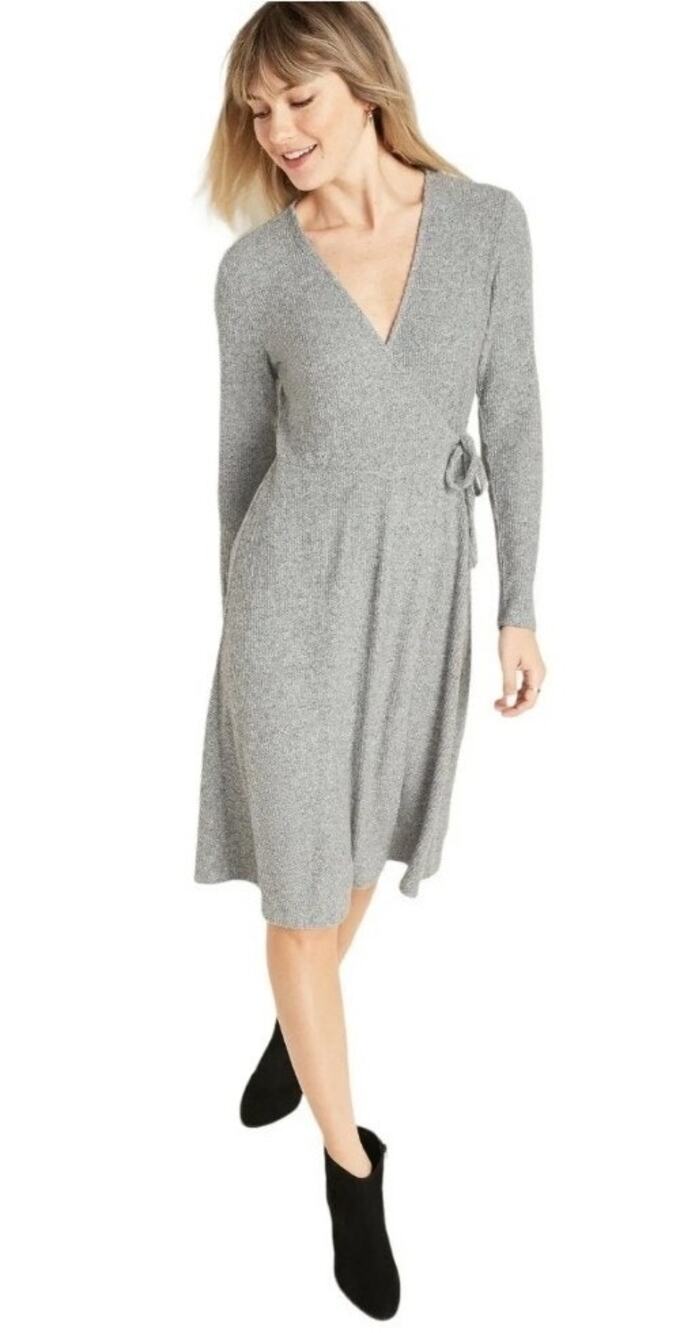Old Navy Gray Fit & Flare Wrap-Front Rib Knit Long Sleeve Sweater Dress Large
